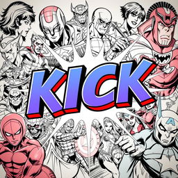 A vibrant and dynamic poster featuring the bold text 'KICK' in an eye-catching comic book style, colored with a bright and lively Marvel theme