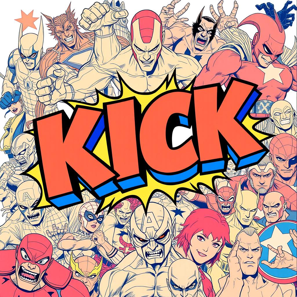 A vibrant and dynamic poster featuring the bold text 'KICK' in an eye-catching comic book style, colored with a bright and lively Marvel theme