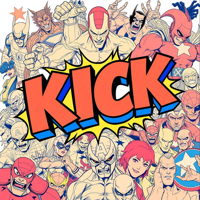 A vibrant and dynamic poster featuring the bold text 'KICK' in an eye-catching comic book style, colored with a bright and lively Marvel theme
