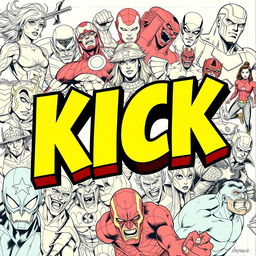 A vibrant and dynamic poster featuring the bold text 'KICK' in an eye-catching comic book style, colored with a bright and lively Marvel theme