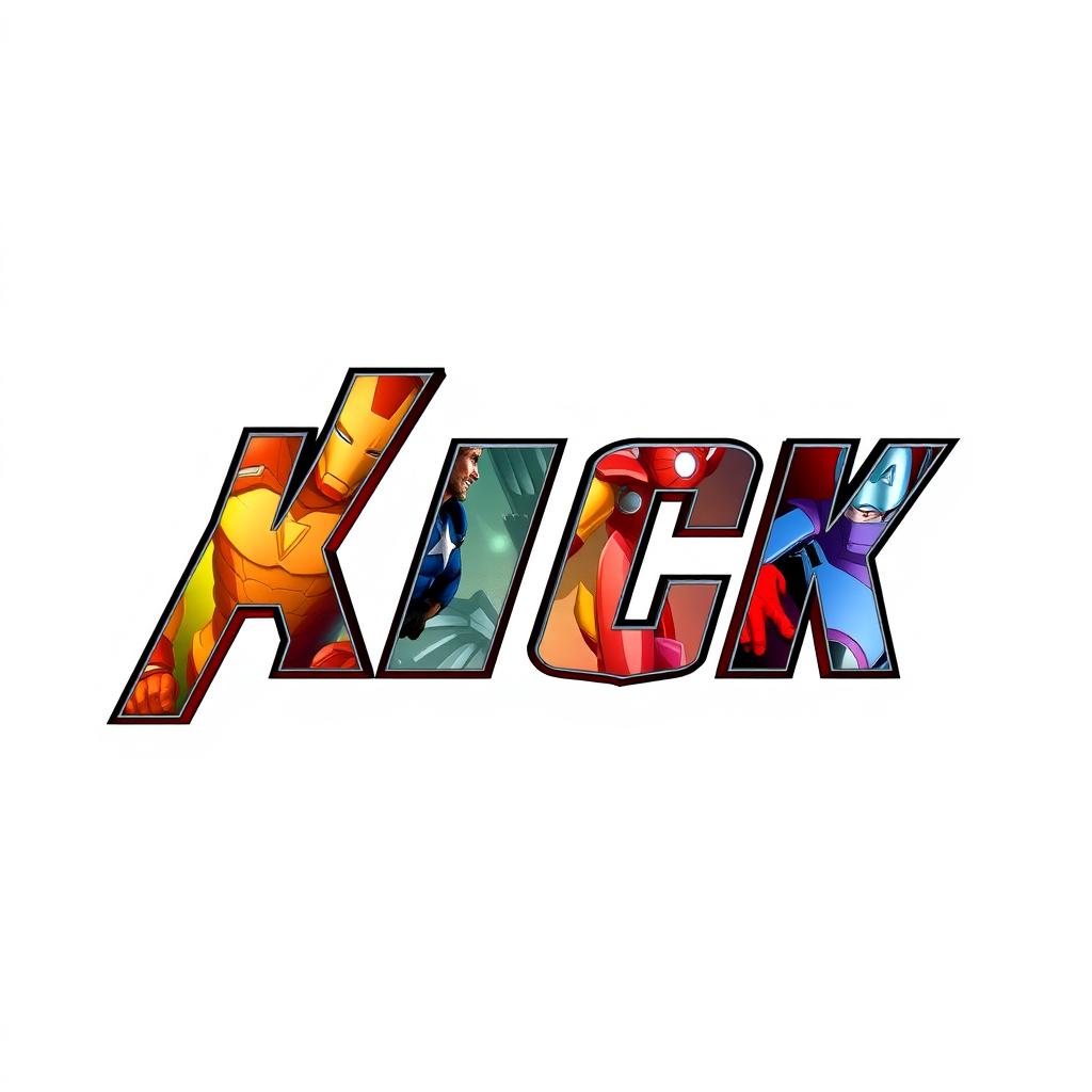 A striking poster featuring the bold text 'KICK' prominently displayed in the iconic Avengers font