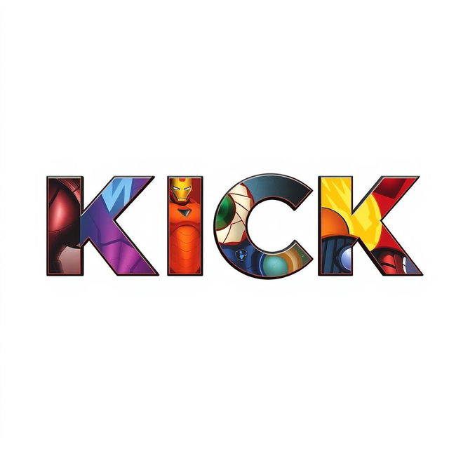 A striking poster featuring the bold text 'KICK' prominently displayed in the iconic Avengers font