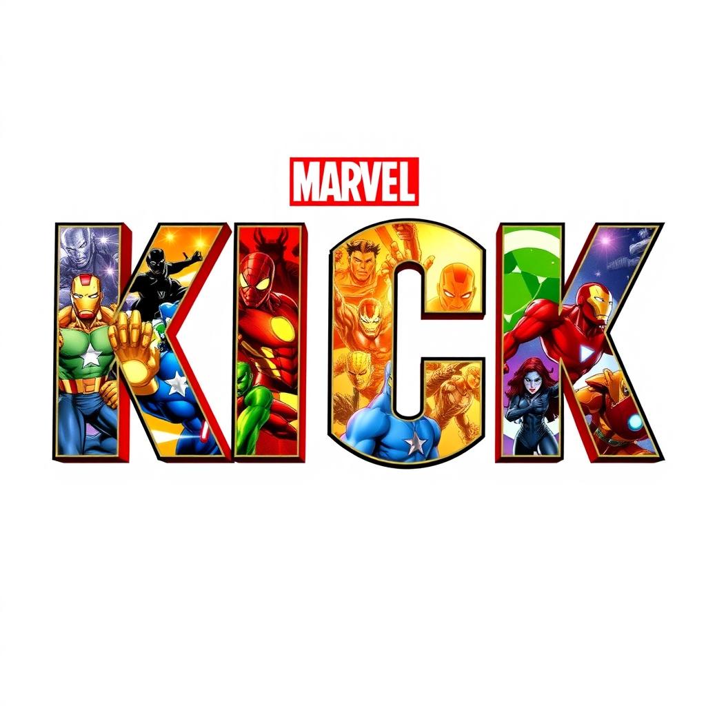 A visually striking poster featuring the bold text 'KICK' prominently displayed in the distinct MARVEL Avengers font