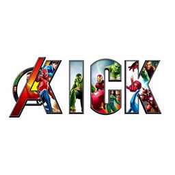 A visually striking poster featuring the bold text 'KICK' prominently displayed in the distinct MARVEL Avengers font