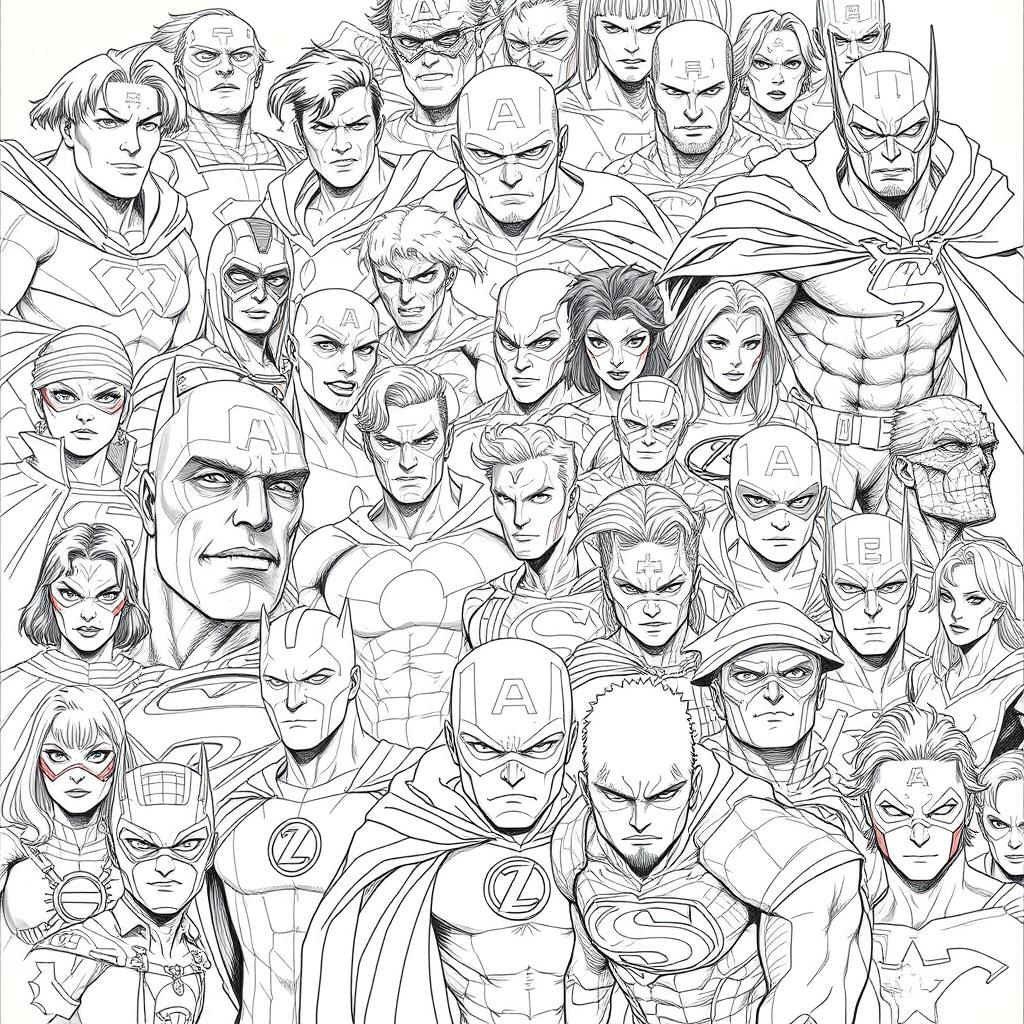 A captivating poster featuring a rich background composed of detailed sketches of various superheroes