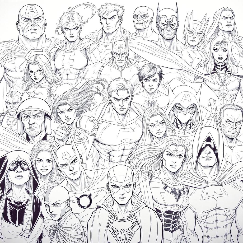 A captivating poster featuring a rich background composed of detailed sketches of various superheroes