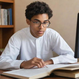 A focused high school student in a thobe and glasses, studying diligently in his bedroom surrounded by books and a computer.