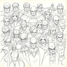 A captivating poster featuring a rich background composed of detailed sketches of various superheroes