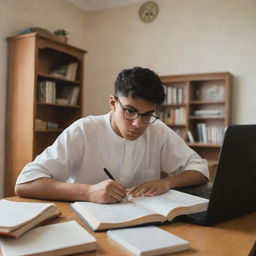 A focused high school student in a thobe and glasses, studying diligently in his bedroom surrounded by books and a computer.