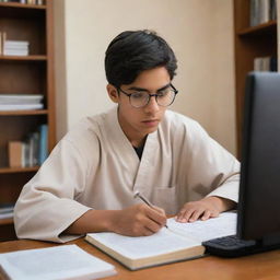 A focused high school student in a thobe and glasses, studying diligently in his bedroom surrounded by books and a computer.