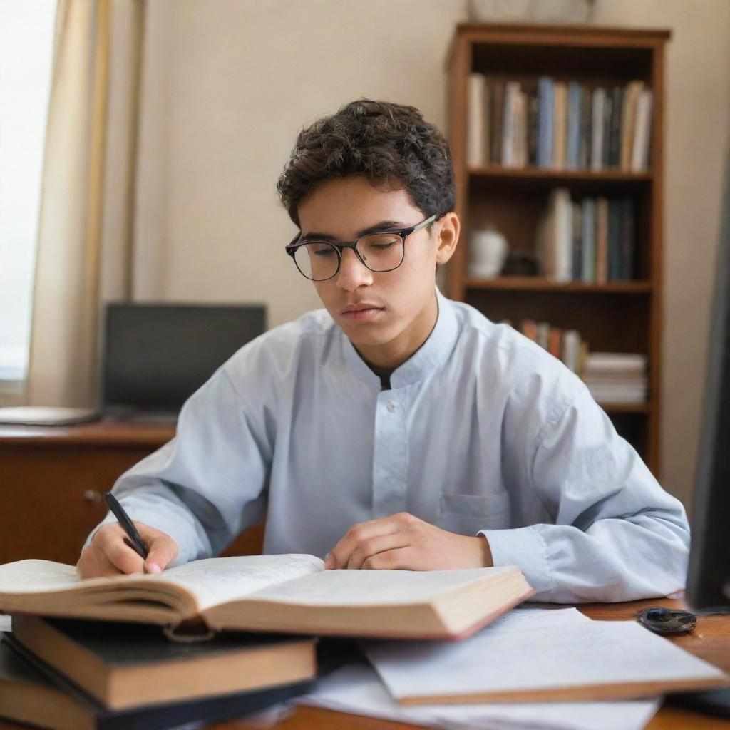 A focused high school student in a thobe and glasses, studying diligently in his bedroom surrounded by books and a computer.