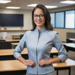 A futuristic 22nd century educator equipped with state-of-the-art teaching tools, wearing innovative clothing and teaching in an advanced, tech-infused classroom environment.