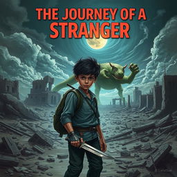 A dramatic and atmospheric cover for a science fiction story titled "The Journey of a Stranger