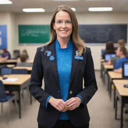 A futuristic 22nd century educator equipped with state-of-the-art teaching tools, wearing innovative clothing and teaching in an advanced, tech-infused classroom environment.