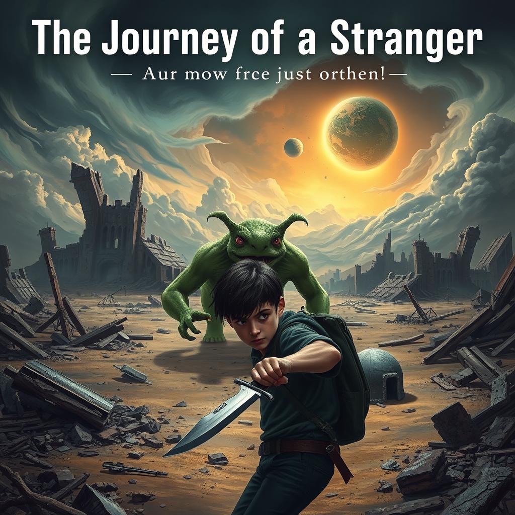 A dramatic and atmospheric cover for a science fiction story titled "The Journey of a Stranger