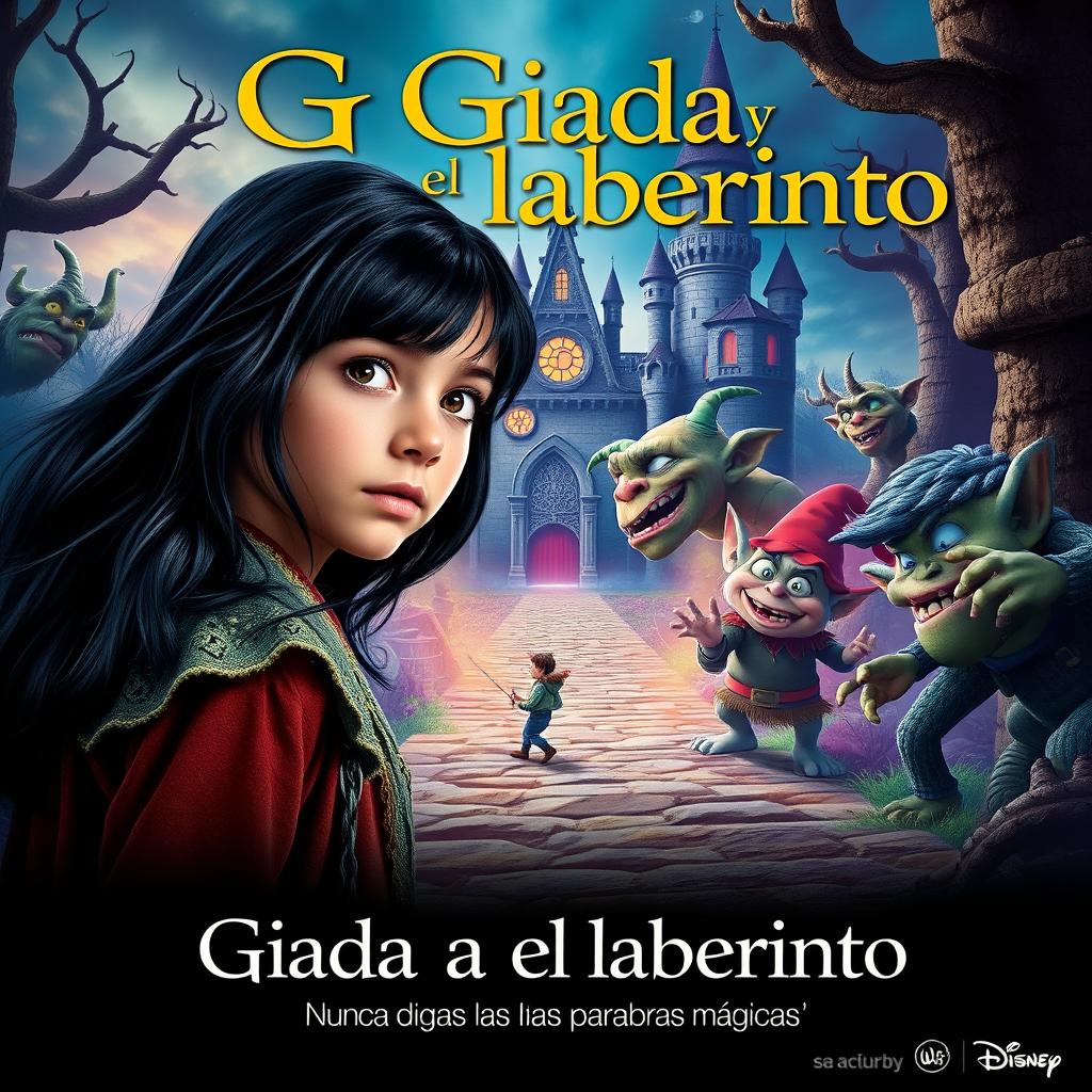 A cinematic movie poster for a fantasy film titled 'Giada y el laberinto'