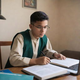 A hardworking high school student in a thobe and glasses, intensely studying in his bedroom filled with books and a laptop.