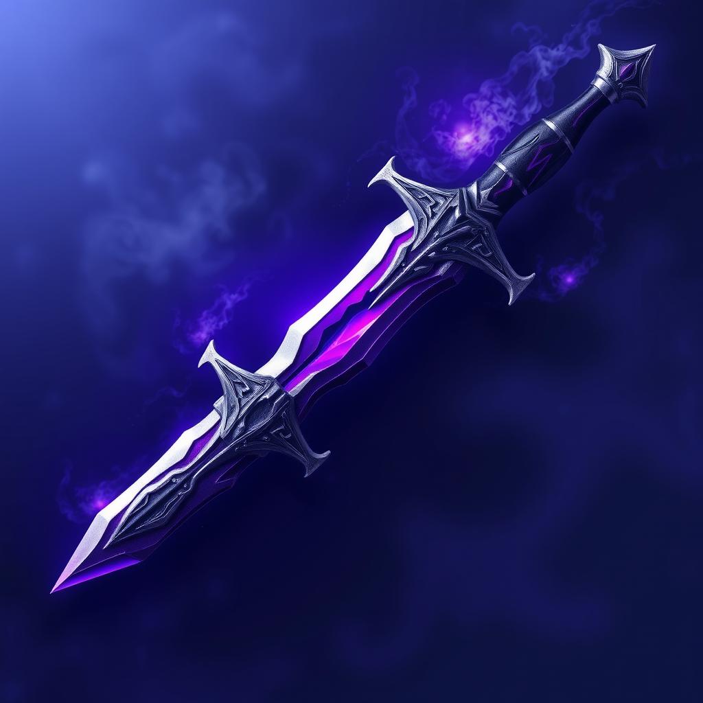 A detailed and artistic representation of a dagger made of steel, with a unique and vibrant violet hue