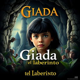 Crea un cartel de cine vibrante y emocionante para la película 'Giada y el laberinto', que muestra a una niña italiana de pelo negro de 12 años, con una expresión decidida, en un entorno de fantasía