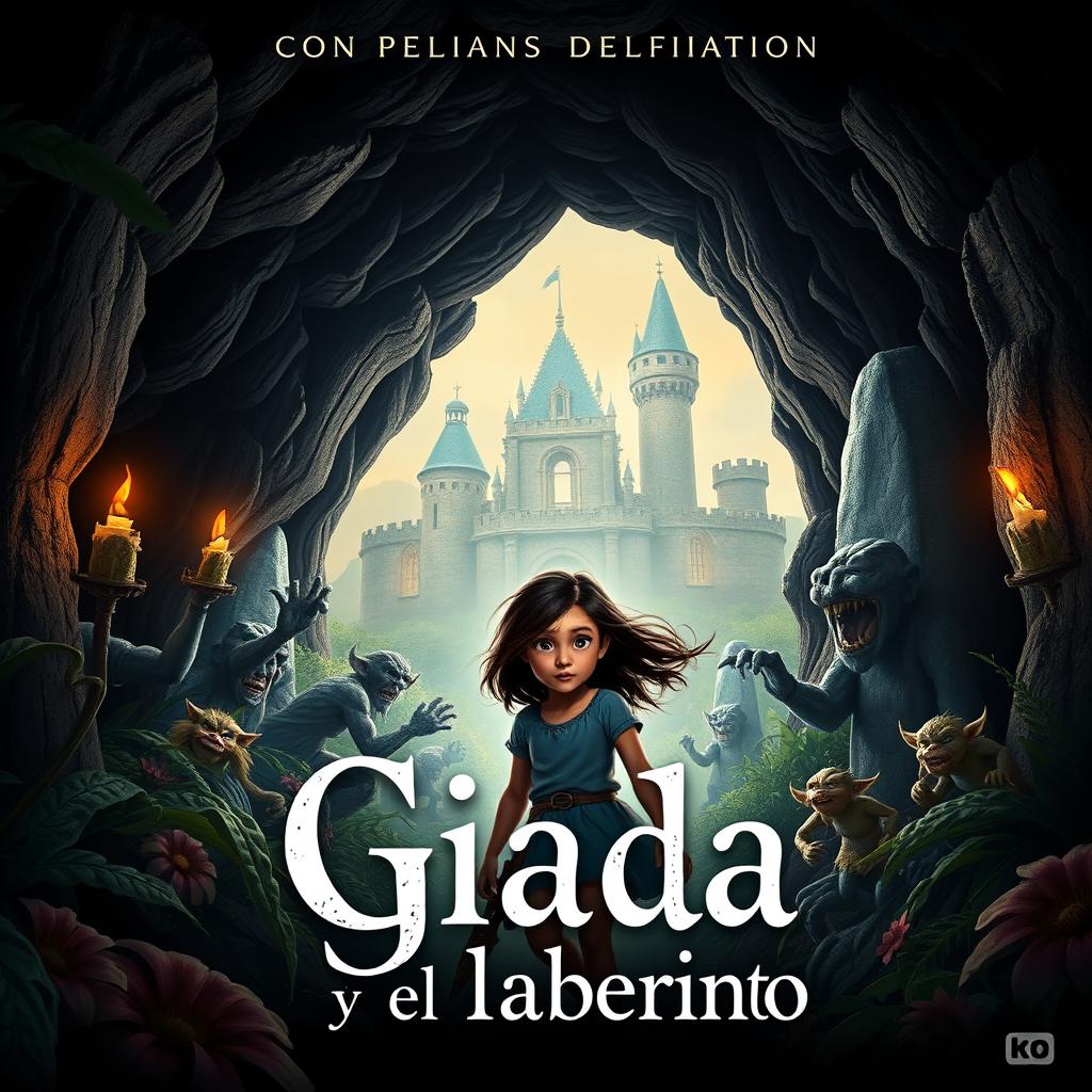 Crea un cartel de cine vibrante y emocionante para la película 'Giada y el laberinto', que muestra a una niña italiana de pelo negro de 12 años, con una expresión decidida, en un entorno de fantasía