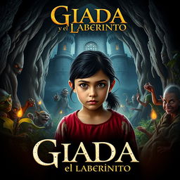 Crea un cartel de cine vibrante y emocionante para la película 'Giada y el laberinto', que muestra a una niña italiana de pelo negro de 12 años, con una expresión decidida, en un entorno de fantasía