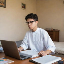 A hardworking high school student in a thobe and glasses, intensely studying in his bedroom filled with books and a laptop.