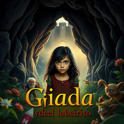 Crea un cartel de cine vibrante y emocionante para la película 'Giada y el laberinto', que muestra a una niña italiana de pelo negro de 12 años, con una expresión decidida, en un entorno de fantasía