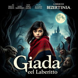 Un cartel de cine para la película "Giada y el laberinto", que muestra a una niña italiana de 12 años con pelo negro, vestida con un abrigo de colores vibrantes, decidida y valiente en su búsqueda para rescatar a su hermano raptado por una bruja