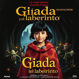 Un cartel de cine para la película "Giada y el laberinto", que muestra a una niña italiana de 12 años con pelo negro, vestida con un abrigo de colores vibrantes, decidida y valiente en su búsqueda para rescatar a su hermano raptado por una bruja