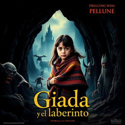 Un cartel de cine para la película "Giada y el laberinto", que muestra a una niña italiana de 12 años con pelo negro, vestida con un abrigo de colores vibrantes, decidida y valiente en su búsqueda para rescatar a su hermano raptado por una bruja