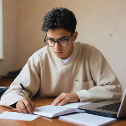 A hardworking high school student in a thobe and glasses, intensely studying in his bedroom filled with books and a laptop.