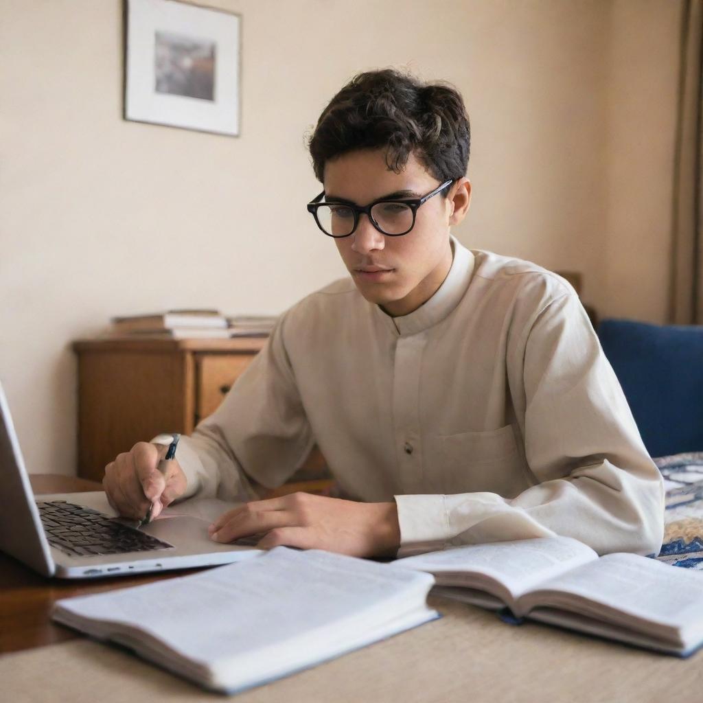 A hardworking high school student in a thobe and glasses, intensely studying in his bedroom filled with books and a laptop.