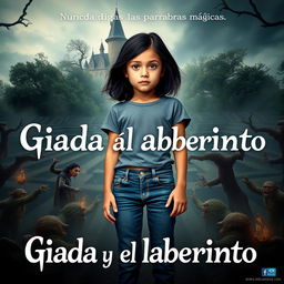 Create a cinematic movie poster for a film titled "Giada y el laberinto" featuring a 12-year-old Italian girl with black hair