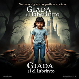 Create a cinematic movie poster for a film titled "Giada y el laberinto" featuring a 12-year-old Italian girl with black hair