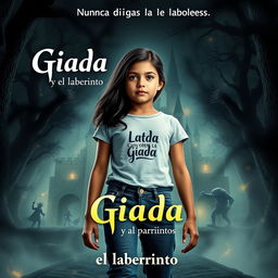 Create a cinematic movie poster for a film titled "Giada y el laberinto" featuring a 12-year-old Italian girl with black hair