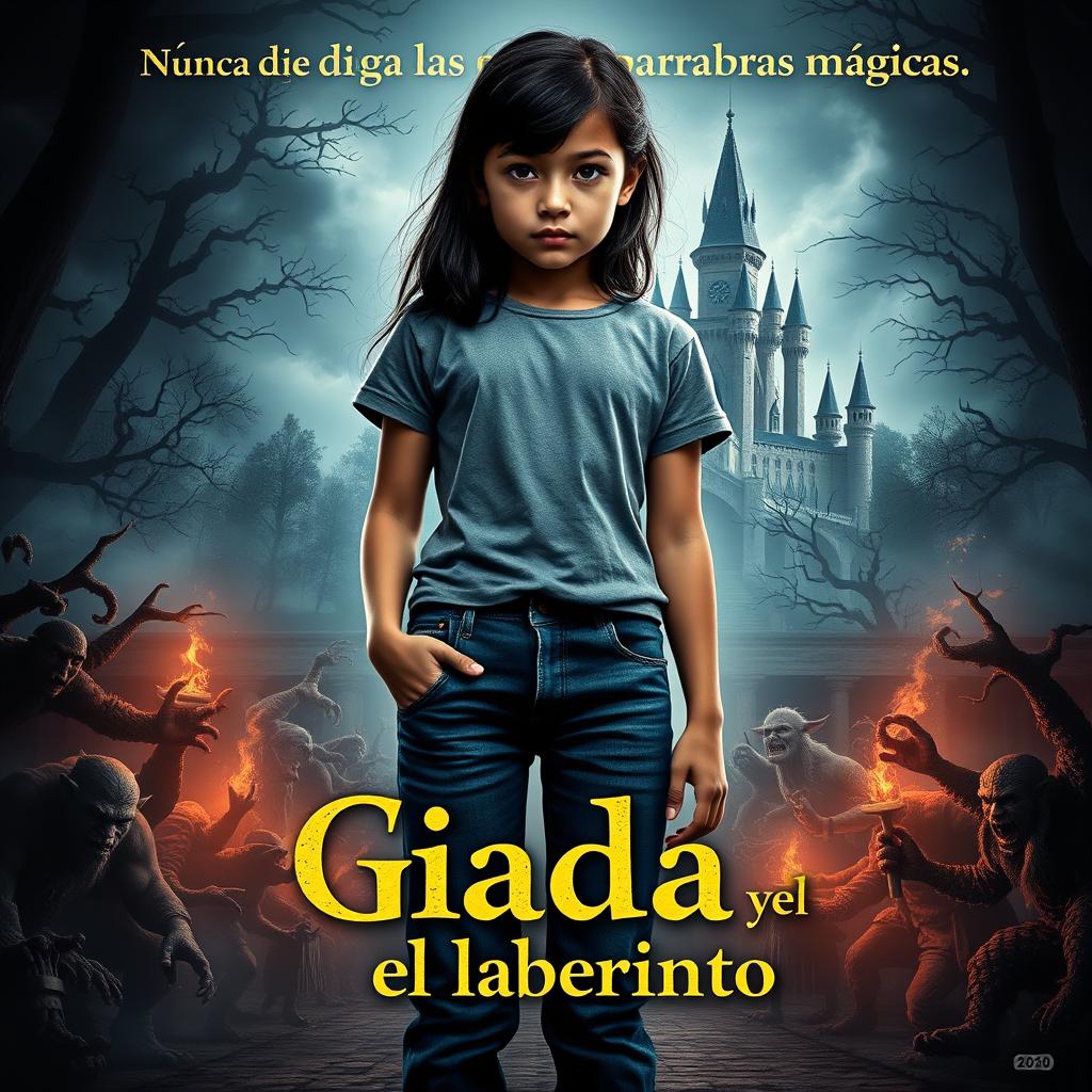 Create a cinematic movie poster for a film titled "Giada y el laberinto" featuring a 12-year-old Italian girl with black hair