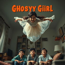 A horror comedy cinematic film poster featuring a very beautiful 30-year-old Indian modern ghost girl flying in the air with a mischievous smile