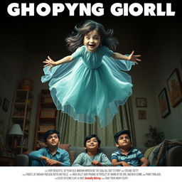 A horror comedy cinematic film poster featuring a very beautiful 30-year-old Indian modern ghost girl flying in the air with a mischievous smile