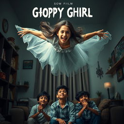 A horror comedy cinematic film poster featuring a very beautiful 30-year-old Indian modern ghost girl flying in the air with a mischievous smile