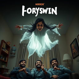 A horror comedy cinematic film poster featuring a very beautiful 30-year-old Indian modern ghost woman flying in the air with a playful smile on her face