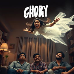 A horror comedy cinematic film poster featuring a very beautiful 30-year-old Indian modern ghost woman flying in the air with a playful smile on her face