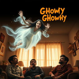 A horror comedy cinematic film poster featuring a very beautiful 30-year-old Indian modern ghost woman flying in the air with a playful smile on her face