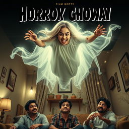 A horror comedy cinematic film poster featuring a very beautiful 30-year-old Indian modern ghost woman flying in the air with a playful smile on her face