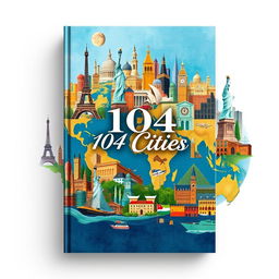 A stunning book cover design featuring 104 cities from around the world, beautifully illustrated in a vibrant collage style