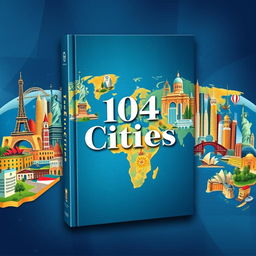 A stunning book cover design featuring 104 cities from around the world, beautifully illustrated in a vibrant collage style