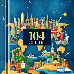 A stunning book cover design featuring 104 cities from around the world, beautifully illustrated in a vibrant collage style