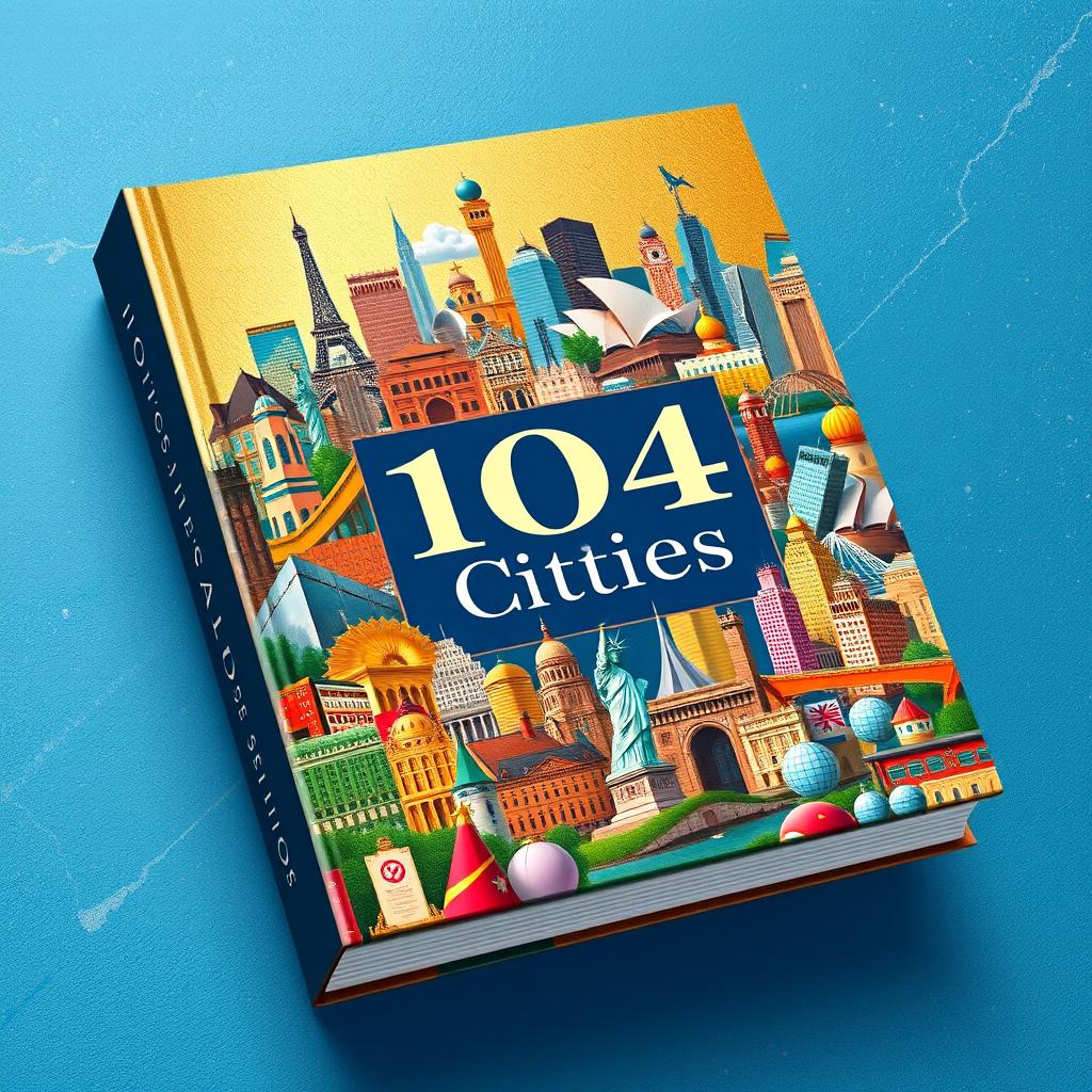 A stunning book cover design featuring 104 cities from around the world, beautifully illustrated in a vibrant collage style