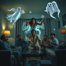 A cinematic horror comedy film poster featuring a very beautiful 30-year-old Indian modern ghost woman flying in the air in a sitting position, smiling mischievously at three terrified 30-year-old Indian modern men inside a flat