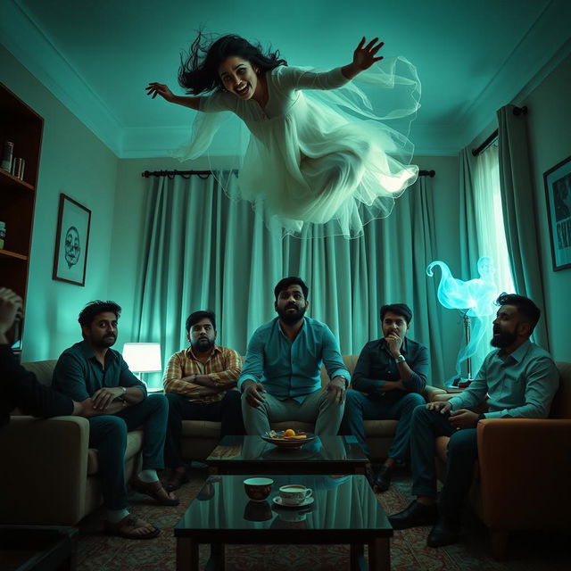 A cinematic horror comedy film poster featuring a very beautiful 30-year-old Indian modern ghost woman flying in the air in a sitting position, smiling mischievously at three terrified 30-year-old Indian modern men inside a flat