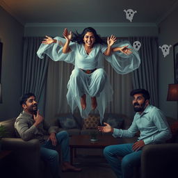 A cinematic horror comedy film poster featuring a very beautiful 30-year-old Indian modern ghost woman flying in the air in a sitting position, smiling mischievously at three terrified 30-year-old Indian modern men inside a flat